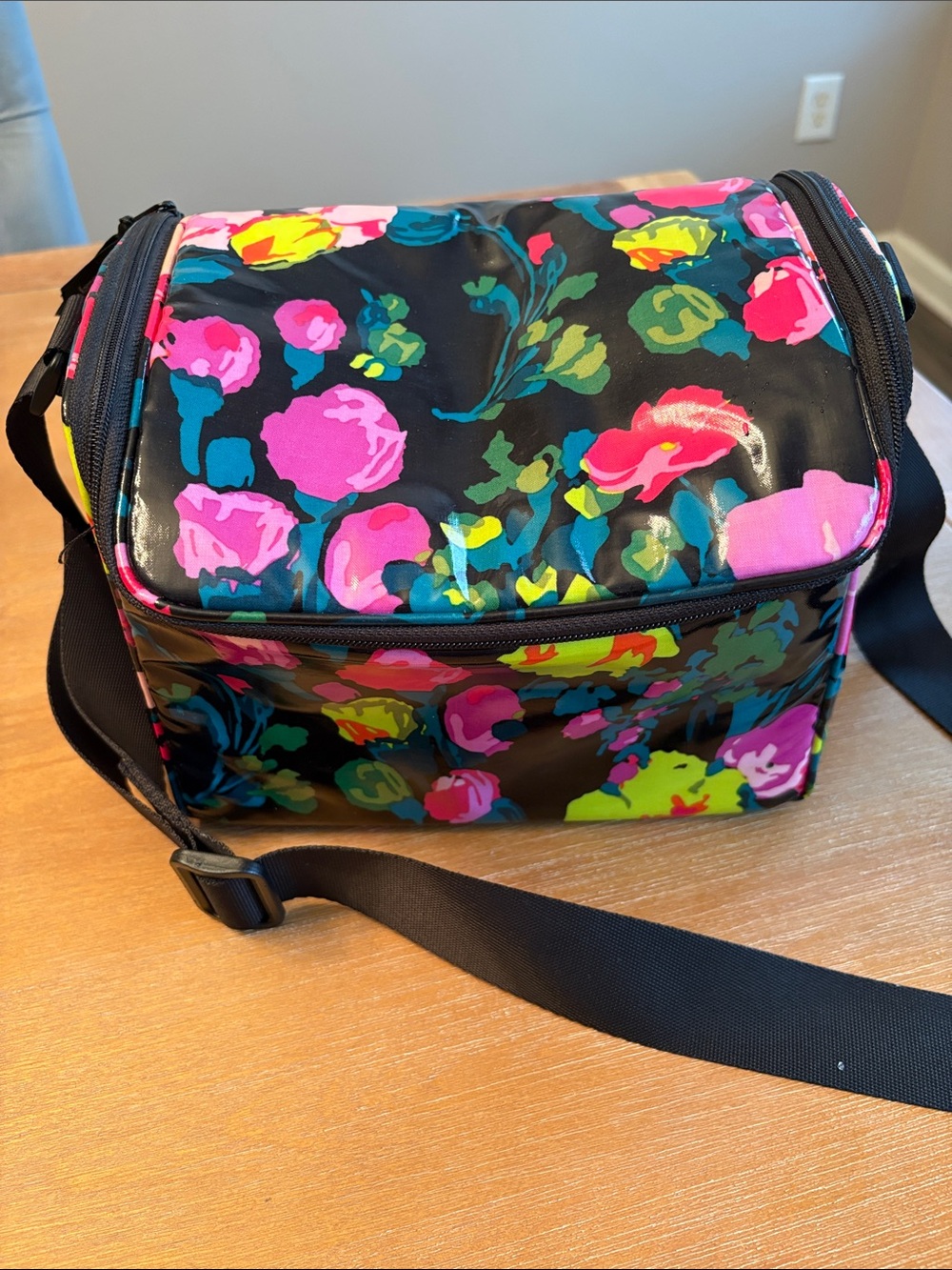 Vera Bradley Black Floral Cosmetic Crossbody Bag with Pink and Yellow Accents